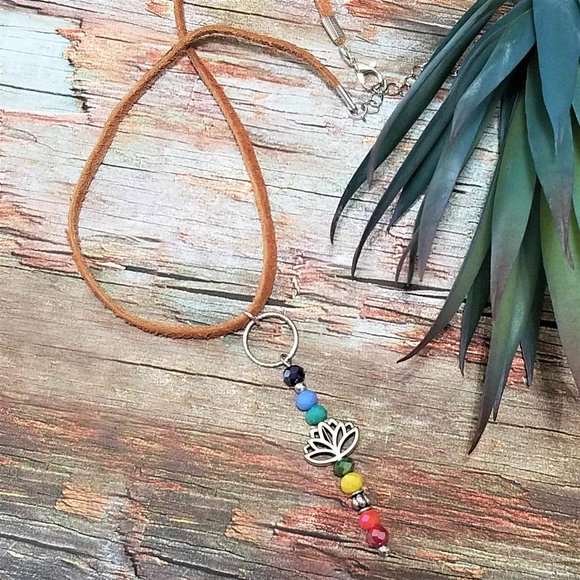 Artisan Hand Crafted Necklace Chakras Rainbow Color Silver Lotus Faux Suede Cord - Picture 4 of 9